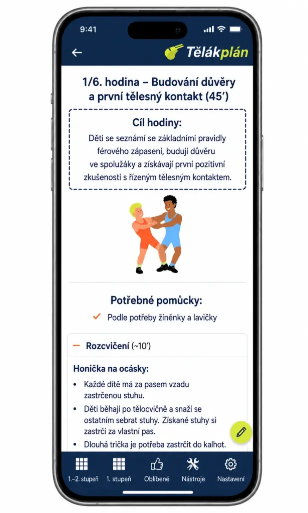 Tělákplán · 1/6. hodina – Budování důvěry a první tělesný kontakt (45′) · Cíl hodiny: